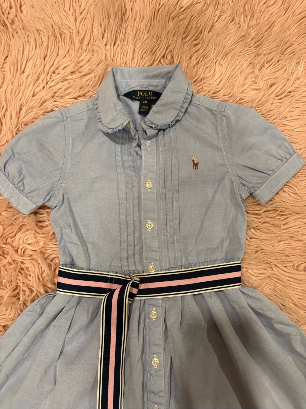 Ralph Lauren Light Blue Cotton Shirt Dress with Striped Ribbon Belt - Picture 2 of 4